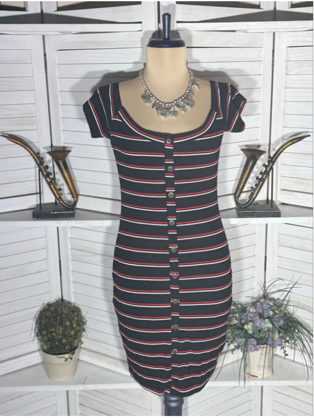 Vintage Y2K cotton dress sexy grunge black red stripes skater stretch festival L